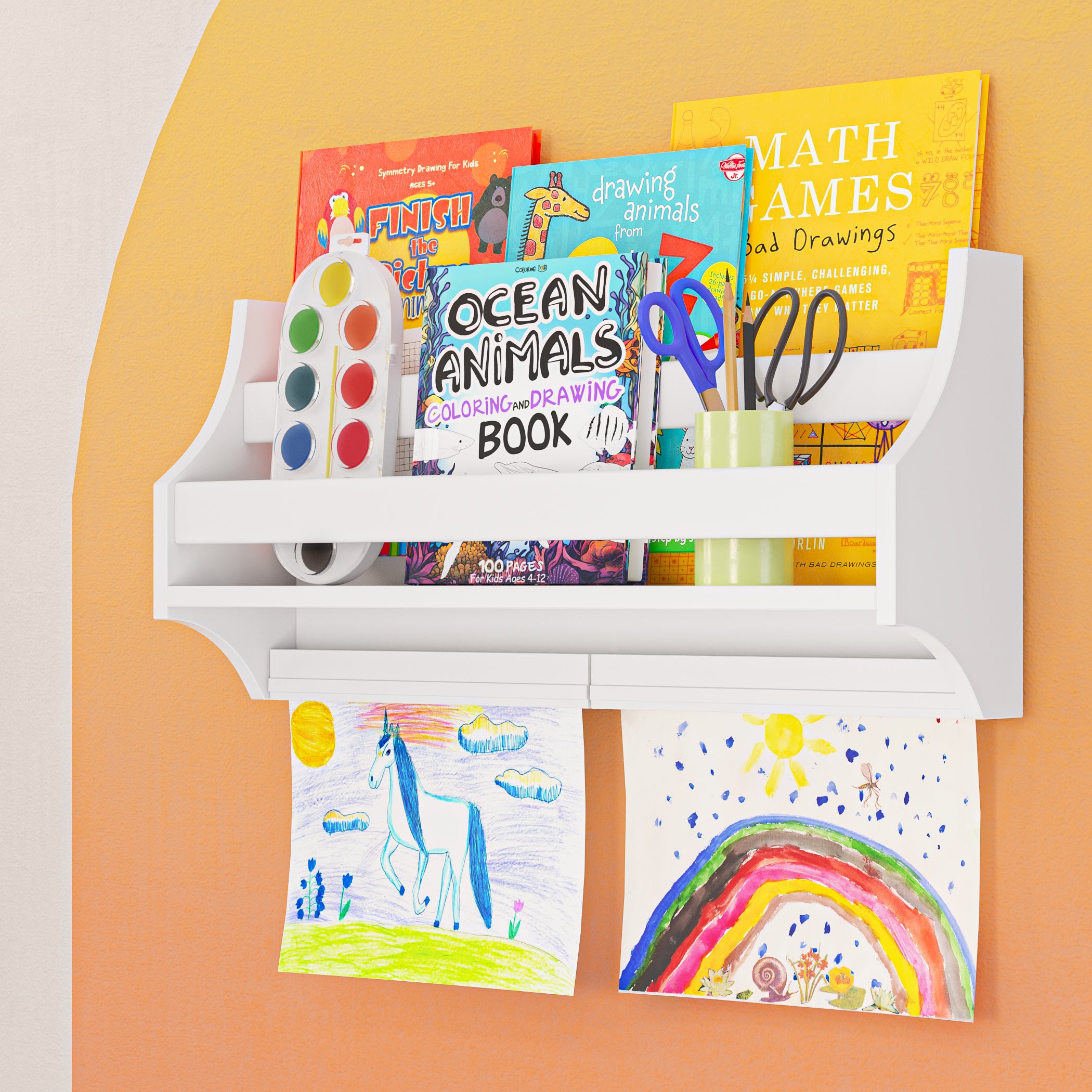 Kids Wall Book Shelf with 2 Art Bars